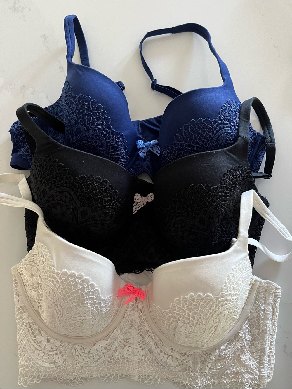 Victoria's Secret Lined Demi Lace Bra Set - Navy, Black, White 36C